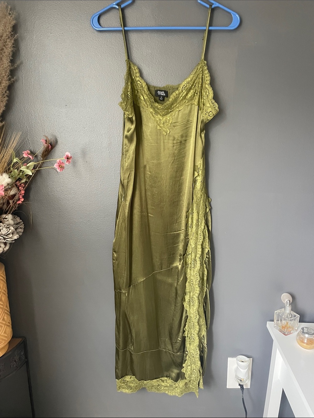 Beverly and Beck Olive Green Satin Lace Slip Maxi Dress Size Small